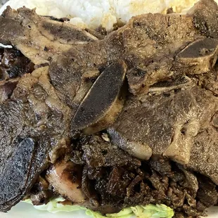 Hawaiian BBQ mix (galbi, chicken, and beef) with rice, macaroni salad, and cabbage