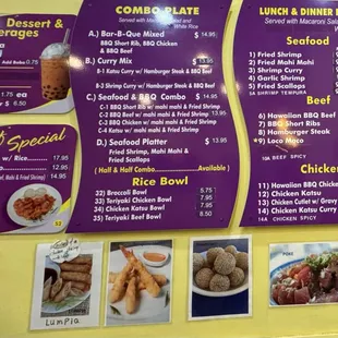 menu as of Dec.08.2023 - dessert, drinks, chef specials, combo/lunch/dinner plates, rice bowls