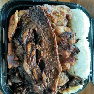 Hawaiian BBQ Mix: A mixture of  short ribs, BBQ chicken and BBQ Beef.