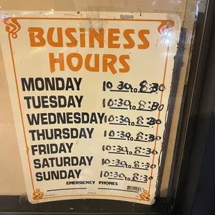 Business hours. Close 30 min early than on Yelp hours