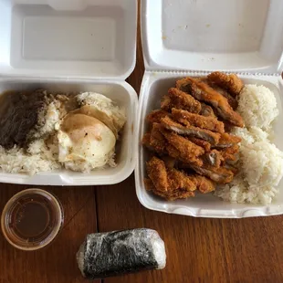 The beef to the left, chicken katsu to the right, musubi down below. We ate the Mac salads :)