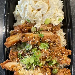 Mochiko chicken served with Mac salad and rice!
