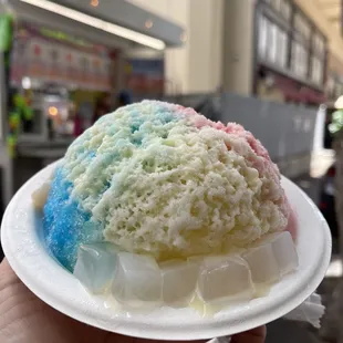 a person holding a plate of ice cream