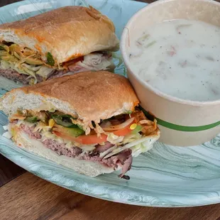 French roast beef sub and clam chowder soup