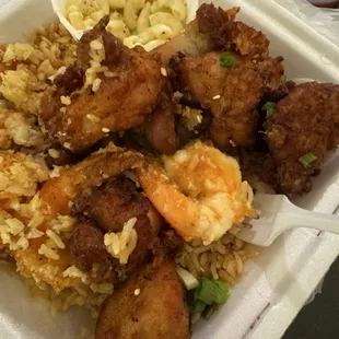 Mochiko chicken and garlic shrimp