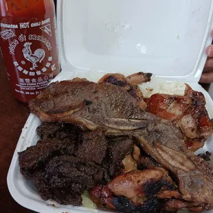 Beef, short ribs, BBQ Chicken Hawaiian bbq mix and Sriracha sauce