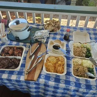 Bbq chicken and beef, fish jun, veggies