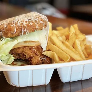 a chicken sandwich and french fries