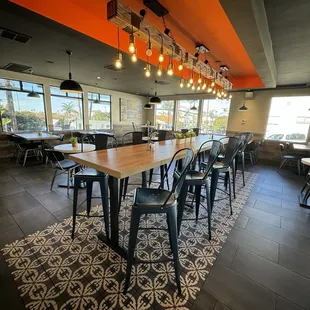 Dining room is modern, and very clean.
