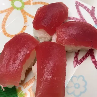 Ahi nigiri. Missing 2 pieces because the kids couldn't wait.