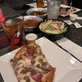 Meat Lovers Pizza with added Pineapple, Jalapeño Poppers, Chicken Wings, &amp; and Antipasto Salad, YUMMY!