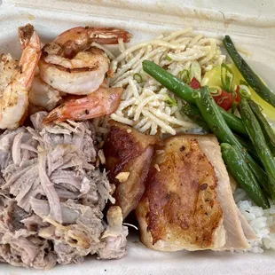 Aloha Duke's Plate with Huli Huli chicken, kalua pig, butter garlic shrimp, beans, Mom's mac salad and rice