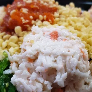 Close up 3 scoops poke bowl of goodness