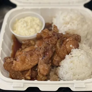 Garlic chicken plate w/ rice and Mac salad
