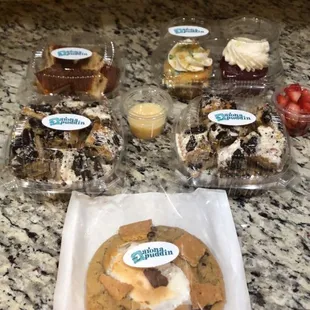 2 Oreo Cheesecake bites, Cookie butter Cheesecake bites, S'mores Cookie, Red Velvet Cupcake, Birthday Batter Cupcake.