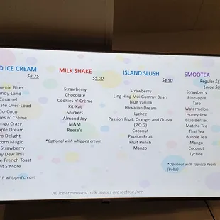 a menu on a large screen