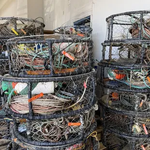 a stack of lobster traps