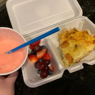 Quiche Loraine (bacon) w/ fruit and Bahama Mama Hawaiian Snow Cone (ice cream on the bottom)