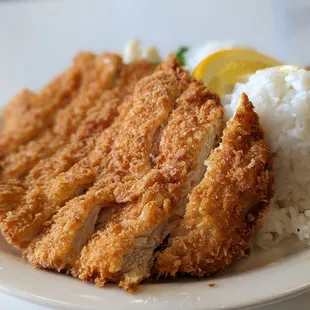 Katsu lunch plate with rice and Mac salad