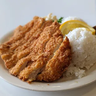Katsu lunch plate with rice and Mac salad