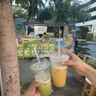 Calamansi sugar cane juice (left) and papaya pineapple sugarcane (right)