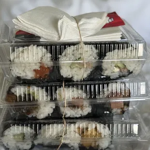 Top: Ikura, Tuna  middle: Unagi, spam Bottom: ume and cucumber, shrimp tempura