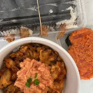 crunchy veggie bowl, spicy ahi nigiri and 4 hand roll shrimp tempura