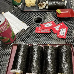 Tuna Roll, Spam Roll, crab roll, beef roll, yakitori chicken roll, tamago roll