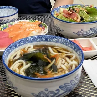 Udon, salmon, tuna, tuna salad