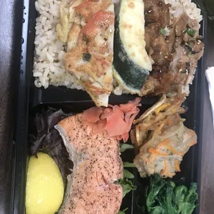 Salmon, Teri chicken and tempura vegetables