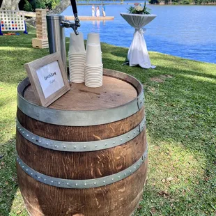 Keep your guests hydrated! Self serve wooden water barrels available now!