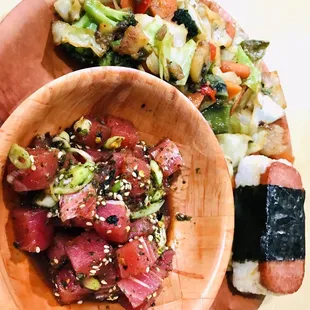 Ahi tuna Poke, stir fry veggies, spam musubi