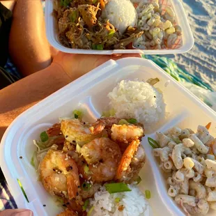 Garlic shrimp and small kahlua pork plate. Took it to the beach at sunset- perfect!