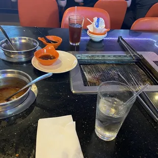 a table with food and drinks