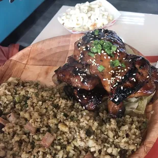 Huli huli chicken with fried rice instead of white with Hawaiian Mac salad