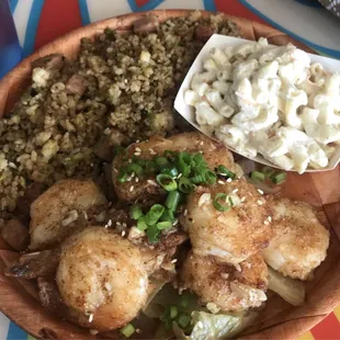 Garlic shrimp and fried rice instead of white with Hawaiian Mac salad