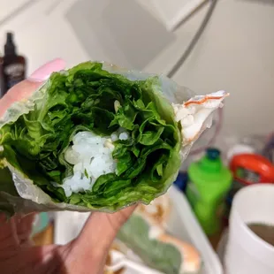 a hand holding a wrap of lettuce