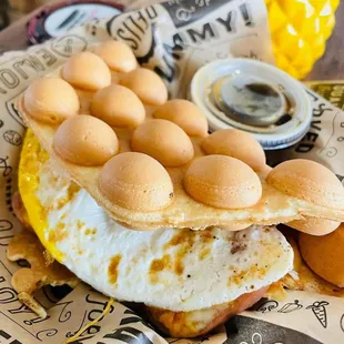 Breakfast waffle with pure maple syrup