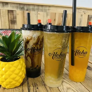 Lemon fruit tea with lemon boba, Brown sugar milk tea, mango fruit tea