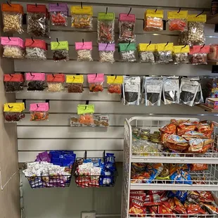 a shelf of snacks and snacks