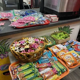 a variety of snacks on a counter