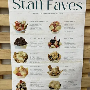 a menu for staff faves