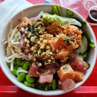 Salmon, ahi tuna and spicy tuna bowl. $16.53 including tax.