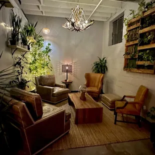 a living room with plants and a chandelier