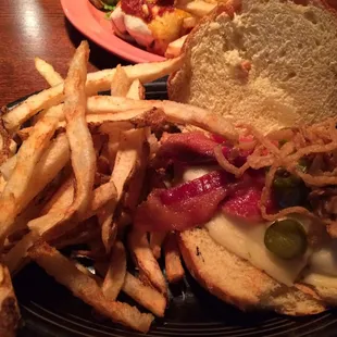 Western burger made with grilled chicken. Oh the fries though.