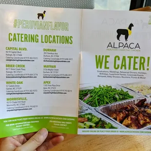 Catering menu, 1 of 2. Front and back covers. This one shows seven Alpaca Chicken locations.