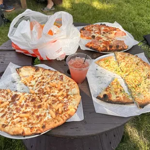 Pizzas (first 2 are not their actual names, but my memory is failing me) 1. cantaloupe &amp; prosciutto 2. meat 3. Mexican street corn (my fav!)