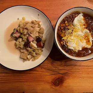 Local Cabbage, Sausage &amp; Fennel dish &amp; Chili for Solstice Celebration Event.