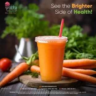 Brighten your wellness with our Carrot Glow!
A glass of this bright orange juice offers a rich beta-carotene boost, perfect for vision