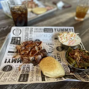 BBQ Pork Platter with Coleslaw and Green Beans.